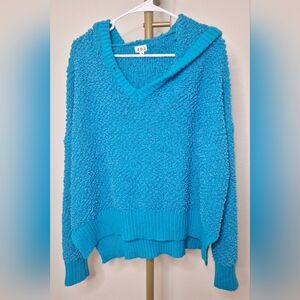 POL Women's V-Neck Hooded Sweater in Bright Turquoise Blue